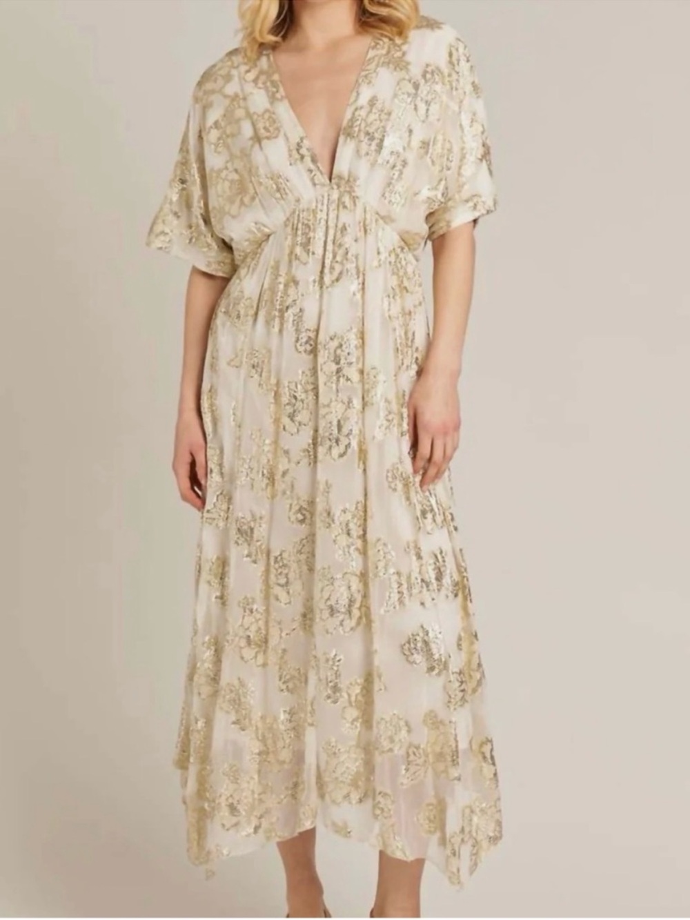 En Crème Maxi Dress with Gold Floral Embroidery